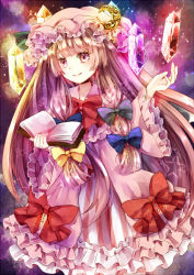 Rule 34 | 1girl, alternate color, bad id, bad pixiv id, book, coat, crescent, dress, floating, floating object, gem, hair ribbon, hat, jaku sono, long hair, long sleeves, looking at viewer, mob cap, open book, open clothes, open coat, outstretched arm, patchouli knowledge, pink dress, pink eyes, pink hair, ribbon, smile, solo, sparkle, striped clothes, striped dress, touhou, tress ribbon, very long hair, wide sleeves
