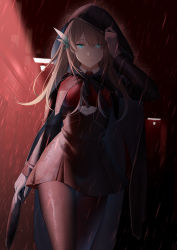 Rule 34 | 1girl, black pantyhose, blonde hair, blue eyes, breasts, cape, cartonbox (zhixiang zhi), gloves, hair between eyes, hair ornament, highres, hood, large breasts, lexington (cv-16) (warship girls r), looking at viewer, pantyhose, rain, thick thighs, thighs, warship girls r, wet, wet clothes, white gloves