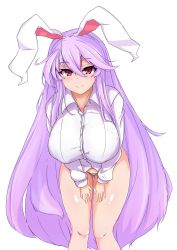 Rule 34 | 1girl, animal ears, blush, breasts, commentary request, cowboy shot, dress shirt, gluteal fold, hair between eyes, highres, huge breasts, leaning forward, long hair, long sleeves, looking at viewer, no pants, panties, purple hair, rabbit ears, red eyes, reisen udongein inaba, shirt, sidelocks, smile, solo, sprout (33510539), swept bangs, touhou, underwear, very long hair, white panties, white shirt