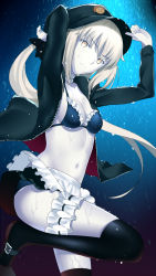 Rule 34 | 1girl, apron, arms up, artoria pendragon (alter swimsuit rider) (fate), artoria pendragon (alter swimsuit rider) (second ascension) (fate), artoria pendragon (fate), besmiled, black bra, black hat, black jacket, black panties, black skirt, black thighhighs, blonde hair, bra, breasts, choker, cleavage, collarbone, fate/grand order, fate (series), floating hair, frilled bra, frills, garter straps, hat, highres, jacket, leg up, long hair, looking at viewer, medium breasts, midriff, miniskirt, navel, open clothes, open jacket, panties, pleated skirt, ponytail, skirt, solo, standing, standing on one leg, stomach, thighhighs, underwear, unzipped, very long hair, wet, white apron, yellow eyes