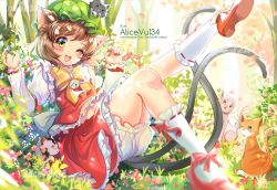 Rule 34 | 1girl, :3, ;d, alice vu, animal, animal ears, bloomers, blurry, bow, brown hair, cat, cat ears, cat tail, chen, commission, depth of field, earrings, fang, flower, frilled skirt, frills, full body, grass, hat, highres, jewelry, mary janes, mob cap, multiple tails, nail polish, nekomata, one eye closed, open mouth, plant, red nails, shirt, shoes, short hair, single earring, skirt, smile, socks, tail, touhou, tree, two tails, underwear, vest, white socks, yellow eyes