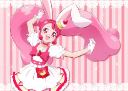 Rule 34 | 1girl, animal ears, bow, bowtie, cake hair ornament, choker, collarbone, cure whip, dress, extra ears, food-themed hair ornament, fuchi (nightmare), gloves, hair ornament, kirakira precure a la mode, long hair, magical girl, open mouth, pink bow, pink bowtie, pink choker, pink eyes, pink hair, precure, puffy short sleeves, puffy sleeves, rabbit ears, short sleeves, smile, solo, twintails, usami ichika, white dress, white gloves