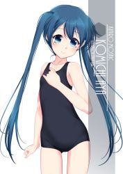 Rule 34 | 1girl, artist name, black one-piece swimsuit, blue eyes, blue hair, blue one-piece swimsuit, blush, character name, collarbone, commentary request, copyright name, cowboy shot, flat chest, hair between eyes, highres, inaba shiki, kin-iro mosaic, komichi aya, long hair, new school swimsuit, one-piece swimsuit, school swimsuit, simple background, smile, solo, standing, swimsuit, twintails, white background