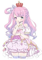 Rule 34 | 1girl, bloomers, blush, candy hair ornament, clothes lift, commentary request, cropped legs, crown, dress, dress lift, food-themed hair ornament, green eyes, hair ornament, hair rings, heterochromia, highres, himemori luna, himemori luna (1st costume), hololive, long hair, maitou, one side up, pink hair, purple eyes, simple background, solo, thighhighs, underwear, virtual youtuber, white background
