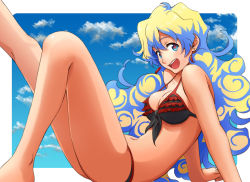 Rule 34 | + +, 00s, 1girl, arm support, bikini, blue hair, blush, cloud, cross-shaped pupils, day, frilled bikini, frills, front-tie top, happy, jewelry, long hair, md5 mismatch, multicolored hair, murata isshin, nia teppelin, open mouth, sitting, smile, solo, swimsuit, symbol-shaped pupils, tengen toppa gurren lagann, two-tone hair