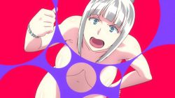 Rule 34 | 10s, 1girl, angry, blue eyes, blunt bangs, bracelet, breasts, bubble filter, hand on own hip, hanging breasts, jewelry, large breasts, leaning forward, lipstick, looking at viewer, makeup, mature female, navel, nude, open mouth, shimoneta to iu gainen ga sonzai shinai taikutsu na sekai, short hair, silver hair, simple background, solo, sophia nishikinomiya, standing