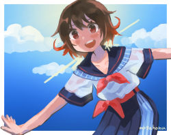 Rule 34 | 1girl, alternate costume, artist name, black sailor collar, black skirt, blue sky, brown hair, casual, cloud, contrail, dress, gradient hair, kantai collection, mogamiya honu, multicolored hair, mutsuki (kancolle), open mouth, outstretched arms, pleated skirt, red hair, round teeth, sailor collar, short hair, skirt, sky, smile, solo, teeth, upper teeth only