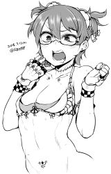 Rule 34 | 1girl, bikini, bikini top only, breasts, cleavage, dated, glasses, gloves, greyscale, monochrome, original, sigama, small breasts, solo, swimsuit, tears, twitter username