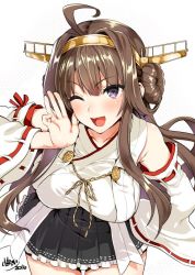 Rule 34 | 10s, 1girl, ;d, artist name, blush, breasts, brown hair, detached sleeves, double bun, hair bun, headgear, kantai collection, kojima saya, kongou (kancolle), kongou kai ni (kancolle), large breasts, long hair, looking at viewer, nontraditional miko, one eye closed, open mouth, purple eyes, signature, smile, solo