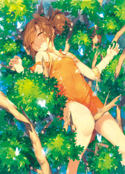 Rule 34 | 10s, 1girl, bare legs, barefoot, breasts, brown hair, bug, butterfly, diane (nanatsu no taizai), dress, closed eyes, highres, insect, katou itsuwa, long hair, nanatsu no taizai, non-web source, open mouth, outdoors, outstretched hand, scratches, seven deadly sins, short dress, small breasts, solo, strap slip, torn clothes, torn dress, twintails