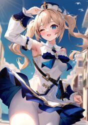 Rule 34 | 1girl, armpits, ascot, barbara (genshin impact), blonde hair, blue sky, blurry, blush, bow, bowtie, breasts, building, cowboy shot, cross, depth of field, detached sleeves, dodota, dress, genshin impact, hair between eyes, highres, long hair, long sleeves, one eye closed, pantyhose, puffy long sleeves, puffy sleeves, sidelocks, sky, sleeves past wrists, small breasts, smile, solo, twintails, white ascot, white bow, white bowtie, white dress, white headwear, white pantyhose