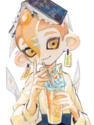 Rule 34 | 1boy, blush, book, book on head, commentary, cup, earrings, hair between eyes, highres, holding, holding cup, jewelry, kumo (kumo hsc0216), long sleeves, looking at viewer, male focus, nintendo, object on head, octoling, octoling boy, octoling player character, orange eyes, orange hair, parted lips, shirt, simple background, solo, splatoon (series), symbol-only commentary, tentacle hair, upper body, white background, white shirt