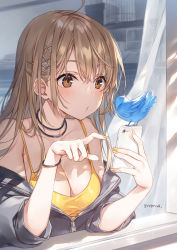 Rule 34 | 1girl, ahoge, artist name, bird, bird on phone, black jacket, blue bird, blurry, blurry background, blush, breasts, brown eyes, brown hair, cellphone, cleavage, elbow rest, expression request, hair ornament, hairclip, highres, holding, holding phone, jacket, jewelry, large breasts, long hair, mmu, nail polish, necklace, off shoulder, original, parted lips, phone, sidelocks, smartphone, solo, swept bangs, tank top, twitter bird, unzipped, upper body, white curtains, windowsill, wristband, x hair ornament, yellow nails, zipper, zipper pull tab