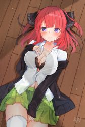 Rule 34 | 1girl, absurdres, between legs, black cardigan, black ribbon, blush, bra, breasts, butterfly hair ornament, cardigan, cleavage, closed mouth, collarbone, collared shirt, dress shirt, from above, go-toubun no hanayome, green skirt, hair ornament, hair ribbon, hand between legs, hand on own chest, highres, indoors, kamimori kuuraku, large breasts, long sleeves, looking at viewer, lying, medium hair, miniskirt, nakano nino, navel, off shoulder, on back, on floor, open cardigan, open clothes, open shirt, partially unbuttoned, pleated skirt, purple eyes, red hair, ribbon, school uniform, shirt, sidelocks, skindentation, skirt, sleeves past wrists, solo, sweat, thighhighs, thighs, two side up, underwear, watermark, white shirt, white thighhighs, wing collar, wooden floor, zettai ryouiki