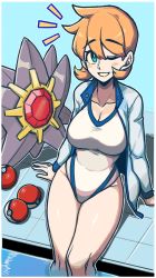 Rule 34 | 1girl, arm support, blue eyes, blush, breasts, commentary, competition swimsuit, creatures (company), game freak, gen 1 pokemon, grin, highres, jacket, long sleeves, looking at viewer, masgamjya, medium breasts, misty (pokemon), nintendo, one-piece swimsuit, one eye closed, open clothes, open jacket, orange hair, partially submerged, poke ball, poke ball (basic), pokemon, pokemon (creature), pokemon hgss, pool, poolside, revision, short hair, sitting, smile, soaking feet, starmie, swimsuit, thighs, water