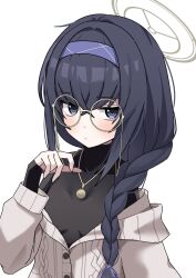 Rule 34 | 1girl, alternate hairstyle, bags under eyes, black eyes, black hair, black shirt, blue archive, blush, braid, breasts, buttons, closed mouth, glasses, grey jacket, hair between eyes, hairband, halo, highres, jacket, jewelry, long hair, long sleeves, looking at viewer, pendant, purple hairband, round eyewear, shirt, simple background, single braid, small breasts, solo, ui (blue archive), undershirt, upper body, white background, xaiqi