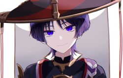 Rule 34 | 1boy, anemo, black hat, black shirt, blunt ends, closed mouth, commentary request, genshin impact, gold trim, hair between eyes, hat, jewelry, jingasa, looking at viewer, male focus, mandarin collar, mitsudomoe (shape), necklace, purple eyes, purple hair, red hat, scaramouche (genshin impact), shirt, short hair, short sleeves, simple background, smile, solo, tomoe (symbol), two-tone headwear, upper body, white background