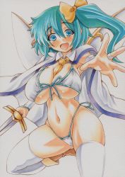 Rule 34 | 1girl, alternate costume, aqua hair, between breasts, bikini, blue eyes, breasts, cape, cleavage, colored pencil (medium), curvy, daiyousei, fairy wings, hair ribbon, large breasts, looking at viewer, marker (medium), millipen (medium), navel, necktie, necktie between breasts, open mouth, outstretched arm, outstretched hand, ribbon, side ponytail, simple background, smile, solo, swimsuit, sword, thighhighs, touhou, traditional media, underboob, weapon, white background, white bikini, white thighhighs, wings, yutakasan-love