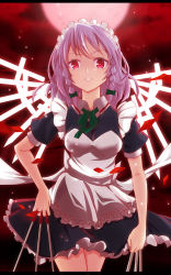 Rule 34 | 1girl, apron, between fingers, blue dress, braid, danmaku, dress, full moon, hair ribbon, highres, holding, holding knife, izayoi sakuya, knife, knives between fingers, looking at viewer, maid, maid apron, maid headdress, miniskirt, moon, parted lips, puffy short sleeves, puffy sleeves, red background, red eyes, ribbon, ripe.c, short hair, short sleeves, silver hair, skirt, solo, standing, touhou, tress ribbon, twin braids