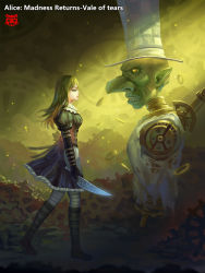 Rule 34 | alice: madness returns, alice (alice in wonderland), alice in wonderland, alice liddell (american mcgee&#039;s alice), american mcgee&#039;s alice, black hair, boots, dress, gloves, green eyes, hat, highres, knife, long hair, mad hatter (alice in wonderland), pantyhose, pointy ears, weapon, yellow eyes