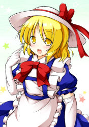 Rule 34 | 1girl, aka tawashi, apron, blonde hair, blue dress, bow, bowtie, commentary request, dress, elbow gloves, frilled apron, frilled sleeves, frills, gloves, happy, hat, hat bow, highres, kana anaberal, looking at viewer, medium hair, open mouth, puffy short sleeves, puffy sleeves, red bow, red bowtie, short sleeves, star (symbol), sun hat, touhou, touhou (pc-98), waist apron, white apron, white gloves, white headwear, yellow eyes