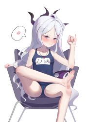 Rule 34 | 1girl, 3:, absurdres, ahoge, armchair, ass, barefoot, blue archive, blush, chair, collarbone, commentary request, crane666, crossed legs, demon girl, demon horns, demon wings, forehead, hair ornament, hairclip, halo, head tilt, highres, hina (blue archive), hina (swimsuit) (blue archive), horns, long hair, looking at viewer, name tag, official alternate costume, official alternate hairstyle, old school swimsuit, one side up, purple eyes, school swimsuit, sidelocks, simple background, sitting, soles, solo, spoken blush, sweatdrop, swimsuit, toes, v-shaped eyebrows, wavy hair, whistle, whistle around neck, white background, white hair, wings