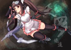 Rule 34 | 1girl, apron, black thighhighs, boots, bow (weapon), brown eyes, brown hair, elbow gloves, gloves, hands on own hips, inscription, kimochi (artist), knife, long hair, looking at viewer, ninja, original, shou mai, solo, sword, thighhighs, twintails, weapon, zettai ryouiki