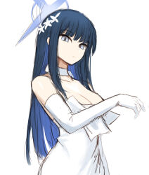 Rule 34 | 1girl, absurdres, black hair, blue archive, blue eyes, blue hair, blue halo, breasts, choker, cleavage, closed mouth, collarbone, colored inner hair, dress, gloves, halo, highres, large breasts, long hair, multicolored hair, official alternate costume, saori (blue archive), saori (dress) (blue archive), simple background, solo, sookmo, strapless, strapless dress, white background, white choker, white dress, white gloves