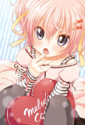 Rule 34 | 1girl, black pantyhose, blue eyes, blush, dress, fang, finger to mouth, hair ornament, hair ribbon, hairclip, hairpin, heart, heart-shaped pillow, long sleeves, open mouth, original, pantyhose, pillow, pink dress, pink hair, ribbon, shirt, short hair, sitting, solo, striped background, striped clothes, striped shirt, yukiu con