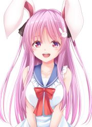 Rule 34 | 1girl, :d, alternate costume, animal ears, bare shoulders, black ribbon, blue sailor collar, blush, bow, breasts, collarbone, commentary request, frilled shirt collar, frills, hair ornament, hair ribbon, hisae (hisae collect), large breasts, long hair, looking at viewer, open mouth, purple hair, rabbit ears, rabbit hair ornament, red bow, red eyes, reisen udongein inaba, ribbon, sailor collar, sailor shirt, shirt, sidelocks, simple background, sleeveless, sleeveless shirt, smile, solo, touhou, two side up, upper body, very long hair, white background, white shirt