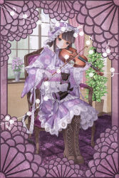 Rule 34 | 1girl, animal ears, black eyes, black hair, bonnet, boots, bow, cat ears, cat girl, cat tail, chair, cross-laced footwear, curtains, elbow gloves, female focus, floral print, flower, full body, gloves, hat, highres, indoors, instrument, kanzaki miku, kuroinu, lace, lace-up boots, lolita fashion, long hair, musical note, obi, original, plant, sash, sitting, solo, stuffed animal, stuffed toy, tail, teddy bear, vase, violin, wa lolita, window