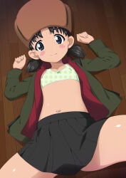 Rule 34 | 1girl, absurdres, arms up, black hair, black skirt, blue eyes, blush, blush stickers, bra, brown hat, closed mouth, commission, from above, frown, fur hat, girls und panzer, green bra, green jacket, hat, highres, jacket, long sleeves, looking at viewer, low twintails, lying, miniskirt, navel, nina (girls und panzer), on back, on floor, open clothes, open jacket, open shirt, pleated skirt, pravda school uniform, red shirt, school uniform, shirt, short hair, short twintails, skeb commission, skirt, solo, spread legs, training bra, turtleneck, twintails, underwear, ushanka, wooden floor, yu-ta