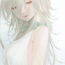 Rule 34 | 1girl, bow, breasts, closed mouth, dress, closed eyes, grey hair, itsuki dorothy, long hair, nier, nier (series), simple background, white dress, yonah
