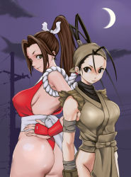 Rule 34 | 2girls, antenna hair, armor, ass, back-to-back, bad id, bad pixiv id, bandages, bandana, bare hips, black eyes, black hair, bombomb25, breasts, brown eyes, brown hair, capcom, crescent moon, crossover, fatal fury, grey eyes, hair ribbon, height difference, high ponytail, highleg, highleg leotard, highres, hip vent, huge ass, ibuki (street fighter), japanese armor, japanese clothes, kote, large breasts, leotard, long hair, moon, multiple girls, night, night sky, ninja, no panties, panties, ponytail, red leotard, ribbon, rope, shimenawa, shiny skin, shiranui mai, sideboob, sky, snk, street fighter, street fighter iii (series), the king of fighters, thong, underwear, very long hair