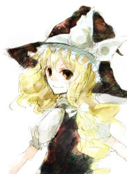 Rule 34 | 1girl, back, black hat, black skirt, black vest, blonde hair, bow, closed mouth, eyebrows, female focus, from behind, hair between eyes, hair bow, hat, hat bow, hat ribbon, kirisame marisa, long hair, looking at viewer, looking back, nokishita, ribbon, shirt, short sleeves, simple background, sketch, skirt, smile, solo, touhou, vest, white background, white bow, white ribbon, white shirt, witch hat
