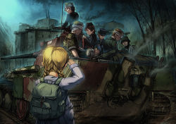 Rule 34 | 2girls, 6+boys, anti-aircraft, anti-aircraft gun, backpack, bag, bandage over one eye, bandaged arm, bandaged head, bandages, bare tree, black hair, blonde hair, blood, blurry, braid, brown hair, building, caterpillar tracks, child, combat helmet, commentary, dark, depth of field, facial hair, from behind, garrison cap, germany, hat, headset, helmet, hino katsuhiko, holster, injury, long hair, looking at another, looking back, looking to the side, lying, military, military uniform, military vehicle, motor vehicle, mud, multiple boys, multiple girls, no eyes, on back, original, panther (tank), salute, short hair, single braid, sitting, sleeves rolled up, smoke, soldier, stahlhelm, steam, stretcher, stubble, tank, torn clothes, tree, twin braids, uniform, war, world war ii