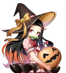 Rule 34 | 1girl, bamboo, bit gag, black hair, black hat, bow, brown bow, brown hair, commentary, commission, dress, english commentary, forehead, gag, hair ribbon, halloween, hat, hat bow, holding, jack-o&#039;-lantern, kamado nezuko, kimetsu no yaiba, long hair, mouth hold, multicolored hair, parted bangs, pink dress, pink ribbon, puffy short sleeves, puffy sleeves, red bow, red eyes, ribbon, short sleeves, simple background, solo, sony kisaragi, striped clothes, striped headwear, two-tone hair, upper body, vertical-striped clothes, vertical-striped headwear, vertical-stripes, very long hair, white background, witch hat