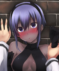 Rule 34 | 1girl, against wall, blush, breasts, dark-skinned female, dark skin, fate/grand order, fate/prototype, fate/prototype: fragments of blue and silver, fate (series), fujimaru ritsuka (male), hassan of serenity (fate), kabedon, looking at viewer, open mouth, purple eyes, purple hair, short hair, sk02