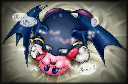 Rule 34 | 1boy, 1other, ?, armor, bed, blue eyes, blue wings, blush, boy on top, drooling, unworn footwear, gloves, grey eyes, heavy breathing, holding another&#039;s foot, japanese text, kirby, kirby (series), kurobedamu, looking at another, lowres, lying, mask, unworn mask, meta knight, mittens, mouth drool, nintendo, no humans, on back, open mouth, oral, pauldrons, saliva, shoulder armor, spread legs, star (symbol), steam, top view, translated, wide-eyed, wings
