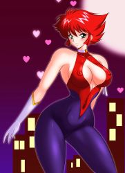 Rule 34 | 1girl, absurdres, arm at side, armband, blush, bodysuit, breasts, choker, cleavage, cleavage cutout, clothing cutout, covered erect nipples, covered navel, cutie honey, cutie honey (character), cutie honey flash, earrings, gloves, green eyes, heart, heart choker, highres, impossible clothes, jewelry, large breasts, looking at viewer, medium breasts, navel, nipples, covered erect nipples, red hair, shiny clothes, shiny skin, short hair, skindentation, solo