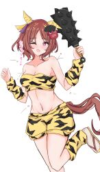 Rule 34 | 1girl, absurdres, animal ears, ankle socks, bare shoulders, beans, blush, bob cut, breasts, brown hair, cdsola, cleavage, club (weapon), collarbone, commentary, dot nose, ear covers, elbow sleeve, flower in eye, hand up, highres, holding, holding weapon, horse ears, horse girl, horse tail, leg up, looking to the side, mask, medium breasts, midriff, navel, one eye closed, oni costume, oni mask, open mouth, pants, parted bangs, pink eyes, sakura laurel (oni laurel) (umamusume), sakura laurel (umamusume), sandals, short hair, simple background, smile, socks, solo, standing, standing on one leg, stomach, strapless, symbol-shaped pupils, symbol in eye, tail, thighs, tube top, umamusume, umamusume: star blossom, weapon, white background, yellow pants, yellow tube top, zouri