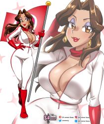 Rule 34 | 1girl, bodysuit, boots, breasts, brown eyes, brown hair, cleavage, cowboy shot, crown, dark-skinned female, dark skin, donkey kong (1981 game), donkey kong (series), earrings, flag, full body, gloves, grin, highres, holding, holding flag, jewelry, large breasts, long hair, long sleeves, looking at viewer, mario (series), mario kart, mario kart wii, multiple views, nintendo, open clothes, pauline (mario), race queen, red footwear, sasa tseng, scarf, smile, solo, standing, standing on one leg, star (symbol), white background, white bodysuit