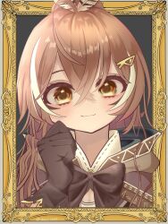 Rule 34 | 1girl, ahoge, black bow, black gloves, border, bow, brown cloak, brown hair, chajo1225, cloak, eyelashes, feather hair ornament, feathers, gloves, hair between eyes, hair ornament, hairpin, highres, hololive, hololive english, hood, hooded cloak, long hair, looking at viewer, multicolored hair, nanashi mumei, nanashi mumei (1st costume), ornate border, outside border, picture frame, portrait, smile, solo, streaked hair, two-tone hair, virtual youtuber, white hair, yellow eyes