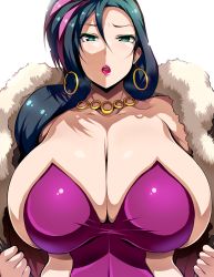 Rule 34 | 10s, 1girl, black hair, blue eyes, breasts, bursting breasts, character request, cleavage, earrings, female focus, huge breasts, hugtto! precure, jewelry, leotard, lips, lipstick, long hair, looking at viewer, makeup, mature female, multicolored hair, necklace, open clothes, papple (precure), precure, purple hair, simple background, solo, standing, tsukasawa takamatsu, upper body, white background