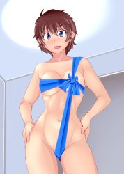 Rule 34 | 1girl, alternate skin color, blue eyes, blue ribbon, breasts, brown hair, christmas, commentary request, cowboy shot, girls und panzer, groin, hands on own hips, indoors, looking at viewer, medium breasts, naked ribbon, navel, open mouth, ribbon, short hair, smile, solo, standing, suzuki (girls und panzer), tanaka rikimaru