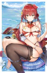 Rule 34 | 1girl, absurdres, ascot, bangle, bare shoulders, bikini, blue sky, blush, bracelet, breasts, brooch, brown eyes, cloud, commentary request, day, eyepatch, flower, hair between eyes, hair flower, hair ornament, hair ribbon, hand up, hat, hibiscus, highres, hololive, houshou marine, innertube, jewelry, kiriko (araragikoyomi), large breasts, long hair, looking at viewer, ocean, outdoors, red ascot, red bikini, red flower, red hair, red ribbon, ribbon, single thighhigh, sky, smile, solo, stomach, swim ring, swimsuit, thighhighs, thighs, unworn eyepatch, unworn hat, unworn headwear, virtual youtuber, white flower