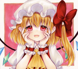Rule 34 | 1girl, :d, ascot, blonde hair, blush, border, bow, crystal, ear blush, fang, flandre scarlet, hands on own face, happy, hat, hat bow, looking at viewer, marker (medium), medium hair, mob cap, one side up, open mouth, outside border, pink background, puffy short sleeves, puffy sleeves, red bow, red eyes, short sleeves, simple background, skin fang, smile, solo, tareme, touhou, traditional media, white border, wings, yellow ascot, yuuki hana (jtnp5334)