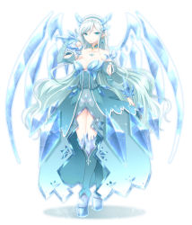 Rule 34 | 1girl, armor, blue eyes, breasts, cleavage, detached sleeves, dress, earrings, gradient hair, green hair, hattori masaki, headdress, high heels, highres, ice, jewelry, large breasts, long hair, multicolored hair, nail polish, necklace, original, pointy ears, solo, very long hair, white hair, wings