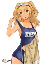 Rule 34 | 10s, 1girl, :o, breasts, brown eyes, cleavage, collarbone, hairband, i-26 (kancolle), jacket, unworn jacket, kantai collection, light brown hair, long hair, looking to the side, medium breasts, name tag, new school swimsuit, one-piece swimsuit, one-piece tan, open mouth, school swimsuit, solo, strap pull, swimsuit, tan, tanline, two-tone hairband, two side up, white background, yamashichi (mtseven)