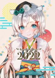 Rule 34 | 1girl, 2022, absurdres, animal ear fluff, animal ears, black hair, black hat, blue eyes, bow, braid, brown background, chinese zodiac, closed mouth, commentary request, double w, egasumi, fang, fang out, floral print, flower, green bow, grey hair, hands up, happy new year, hat, highres, japanese clothes, kimono, mini hat, multicolored hair, nagi (pickles pipipi), new year, obi, original, print kimono, sash, smile, solo, streaked hair, tiger ears, upper body, w, white flower, year of the tiger